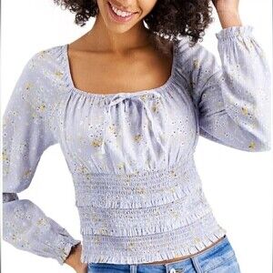 Planet Gold Juniors Square-Neck Smocked Top, shirt long sleeve Blue Fog New